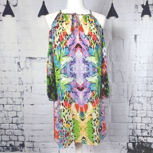 Alexia Admore Cold Shoulder Tropical Multi-colored Mini Dress Sz XS Sheer Lined